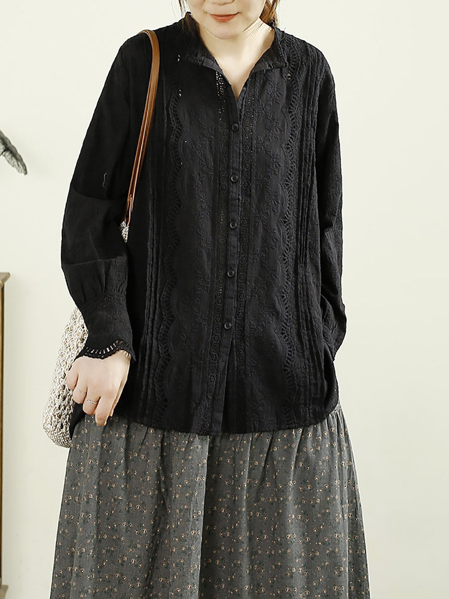 Women Autumn Vintage Embroidery Button Cotton Shirt