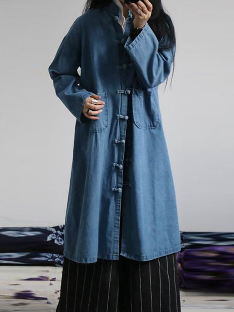 Women Autumn Casual Solid Pocket Denim Coat