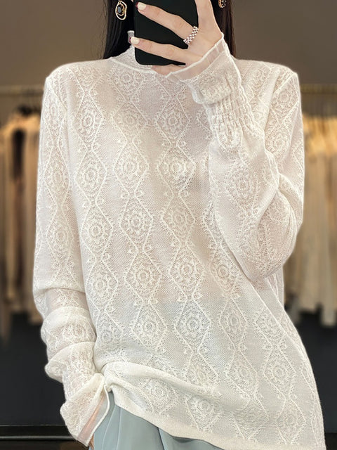 Women Autumn Lacework Knitted Half-Turtleneck Blouse