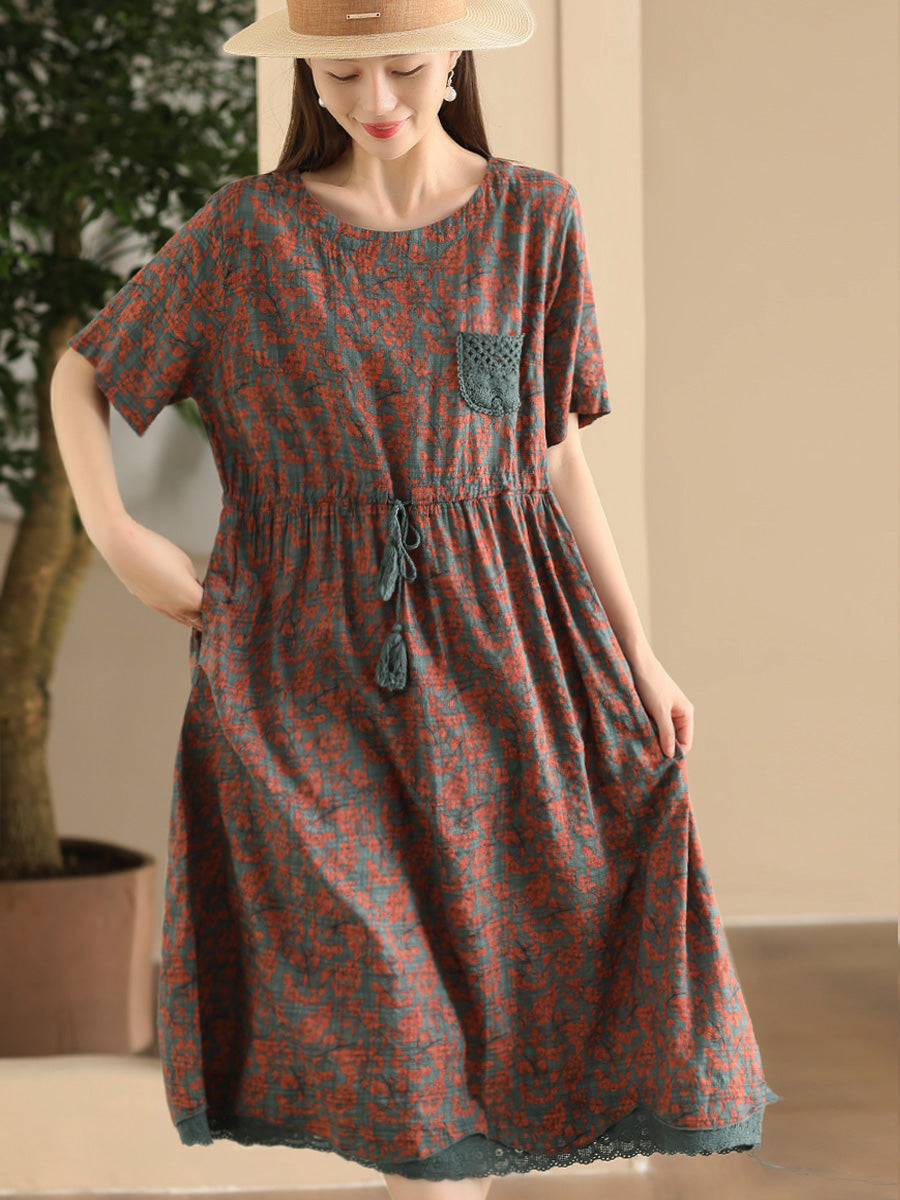 Women Artsy Floral Spliced Strap O-Neck Cotton Linen Dress