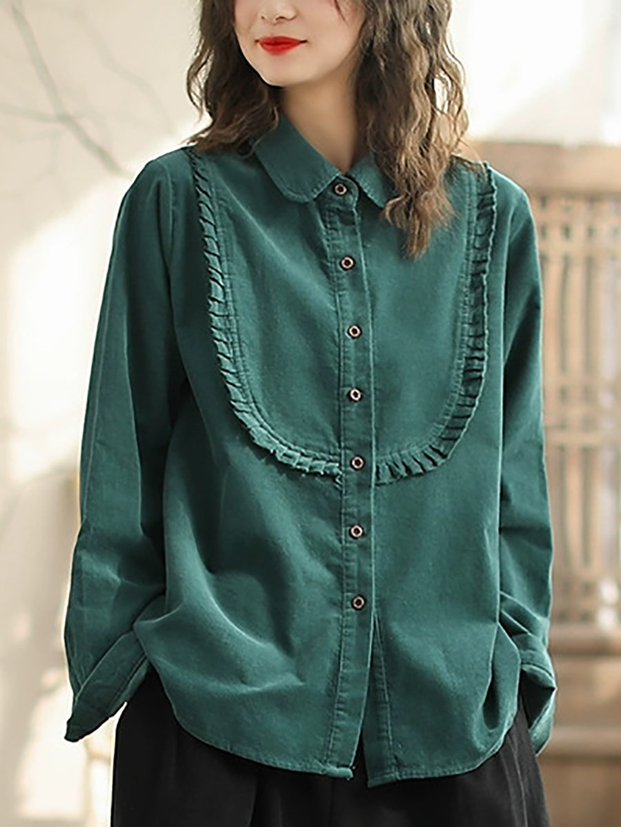 Women Spring Lacework Spliced Corduroy Solid Shirt