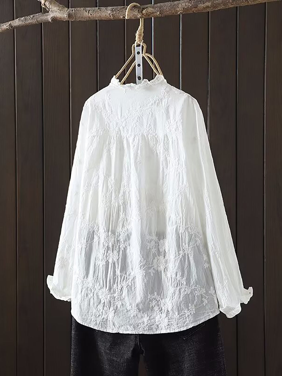 Women Spring Flower Jacquard Lacework Neck Shirt