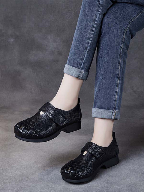 Women Vintage Soft Leather Weave Low Heel Shoes