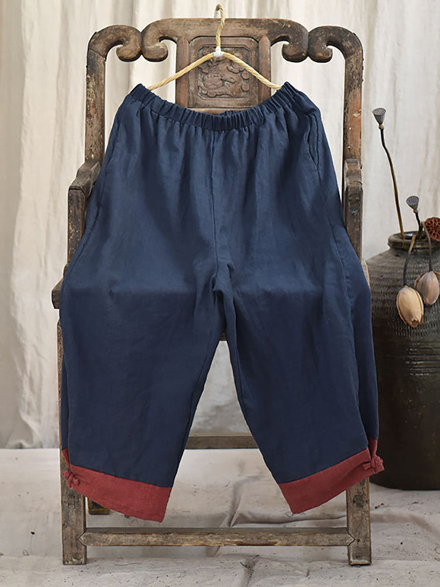 Women Autumn Vintage Colorblock Linen Wide-leg Pants