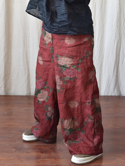 Women Vintage Floral Spring Wide-leg Pants