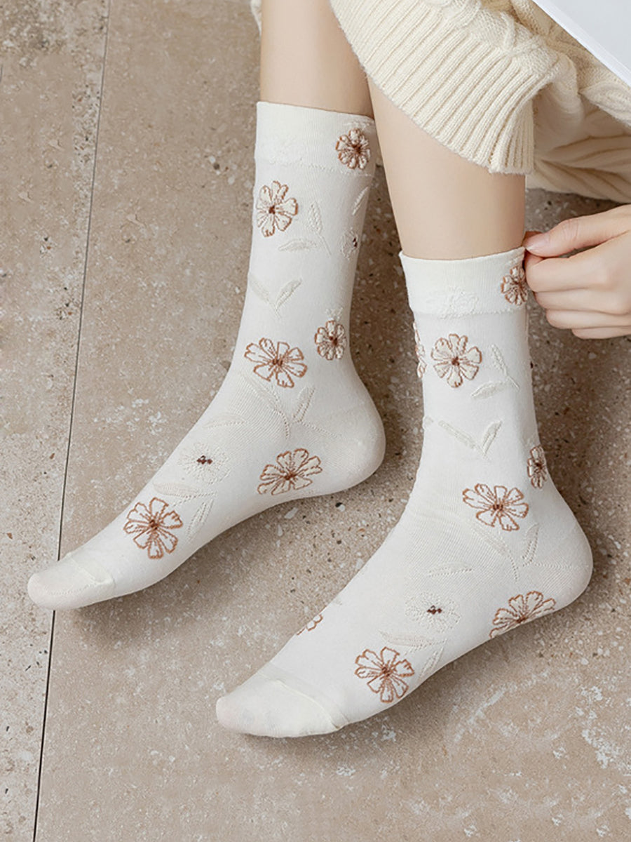 5 Pairs Women Autumn Flower Mid-calf Socks