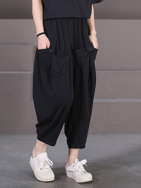 Plus Size Women Summer Casual Solid Loose Pocket Harem Pants