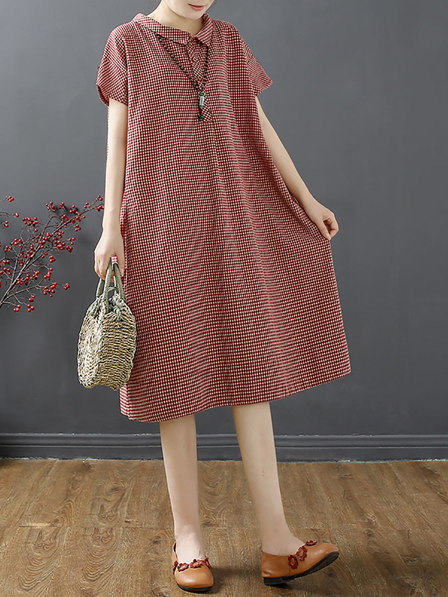 Plus Size Women Summer Retro Lattice Button Polo Collar Loose Dress