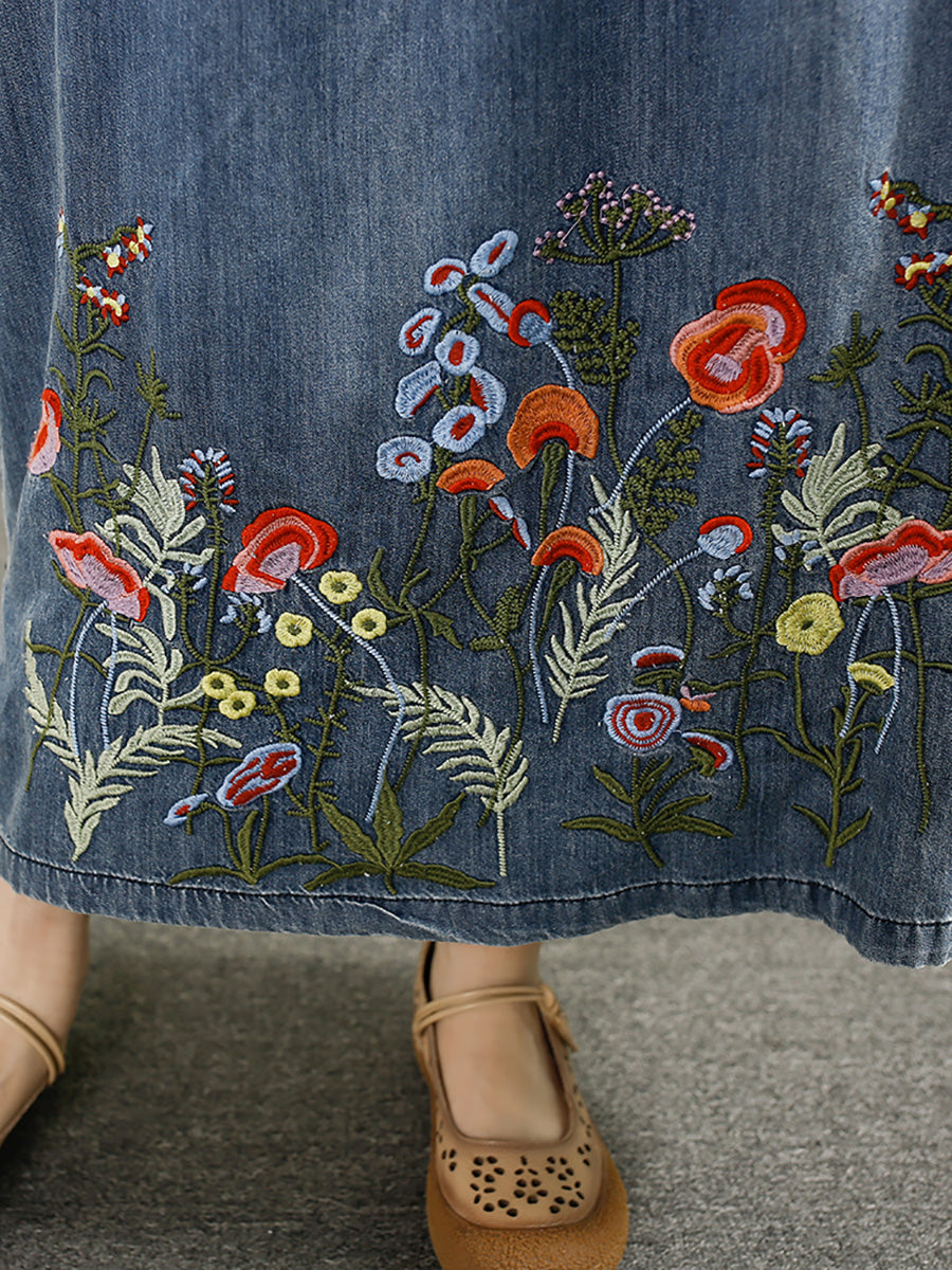 Women Summer Artsy Embroidery Denim A-Shape Skirt