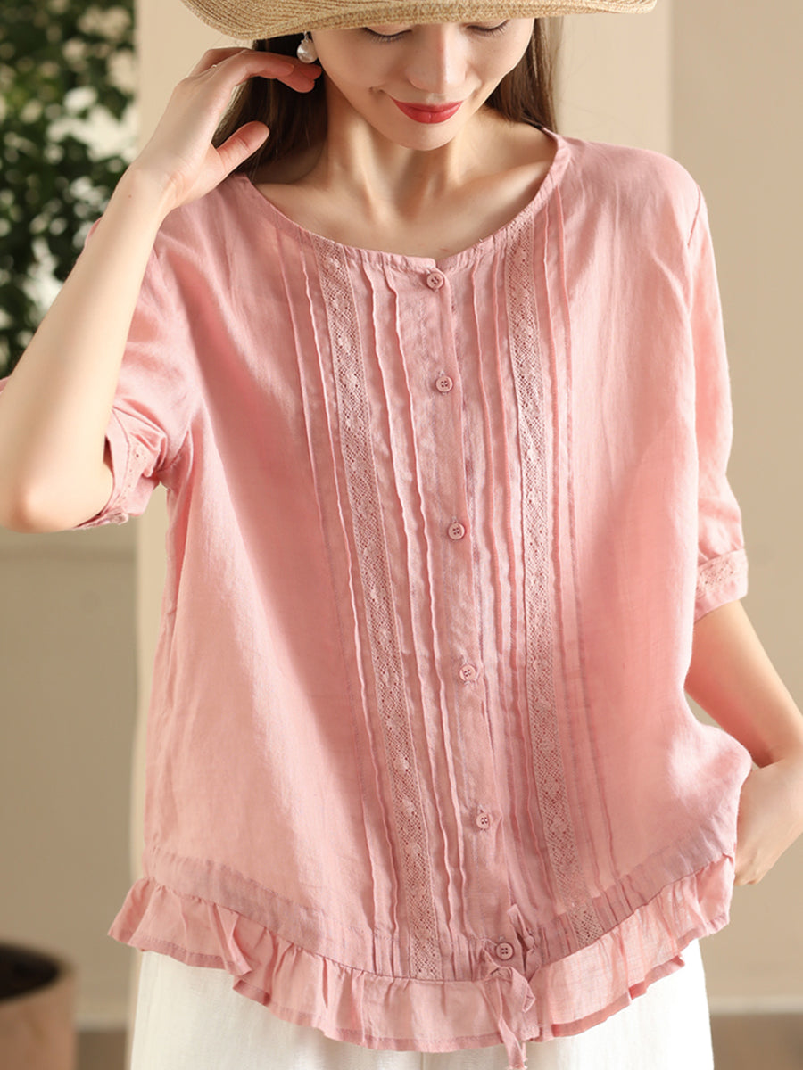 Women Summer Vintage Embroidery Button-up Strap Ramie Shirt