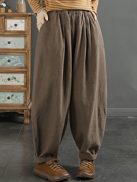 Plus Size Women Vintage Autumn 100%Linen Pure Color Harem Pants