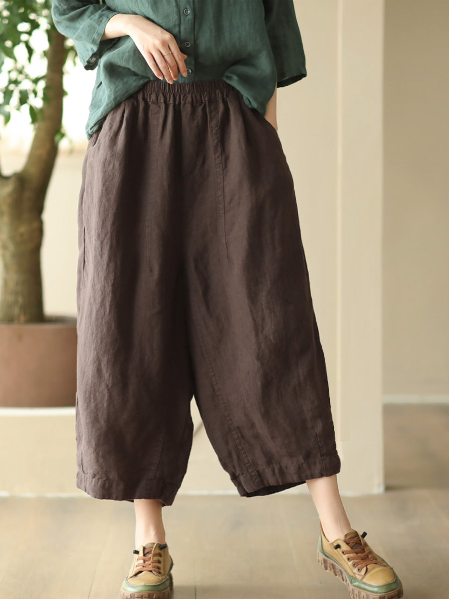 Women Summer Retro Solid Linen Loose Harem Pants