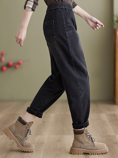 Women Autumn Vintage Solid Fleece-lined Harem Pants