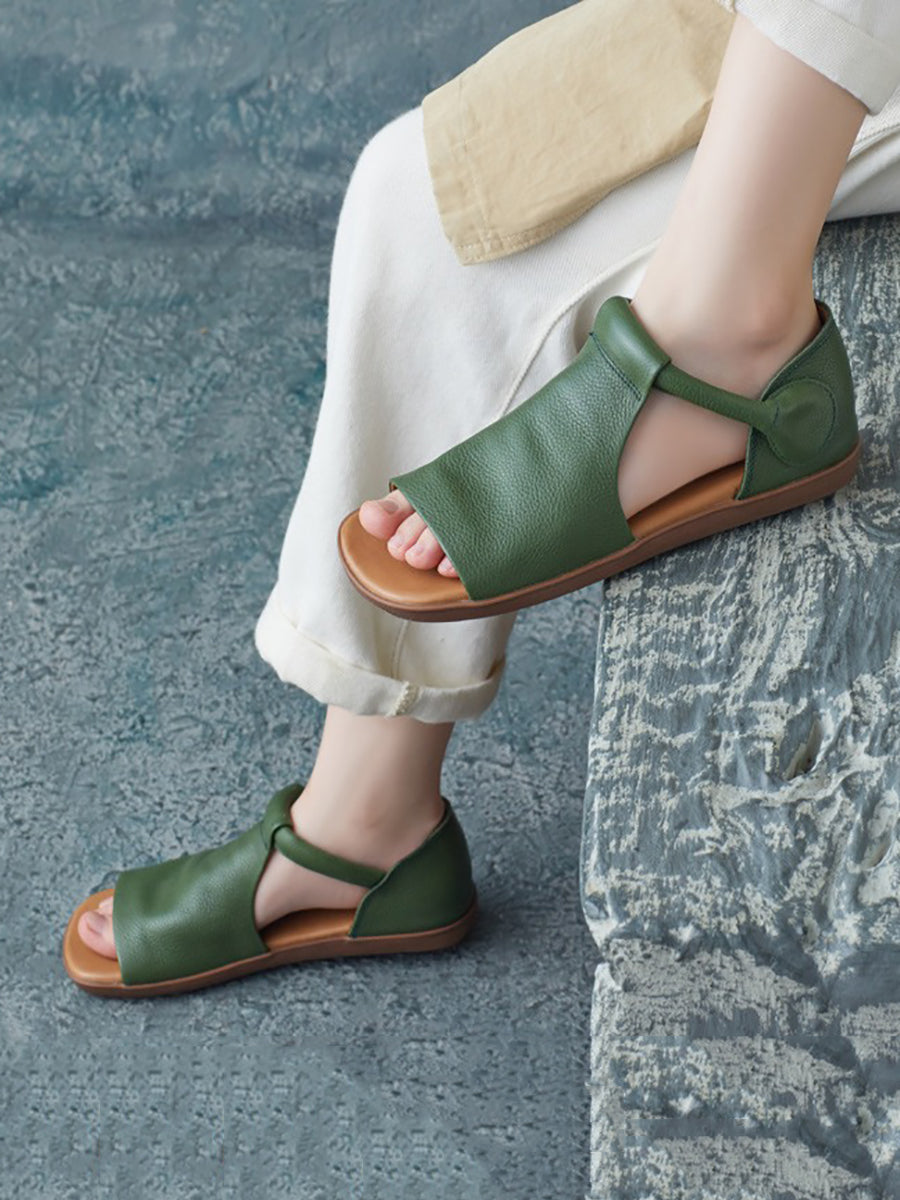 Women Summer Solid Casual Leather Flat Sandals