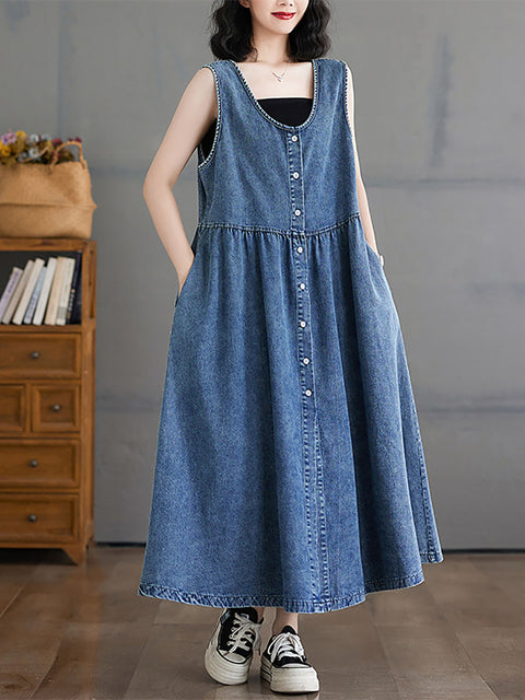 Women Casual Summer Solid Denim Loose Vest Dress