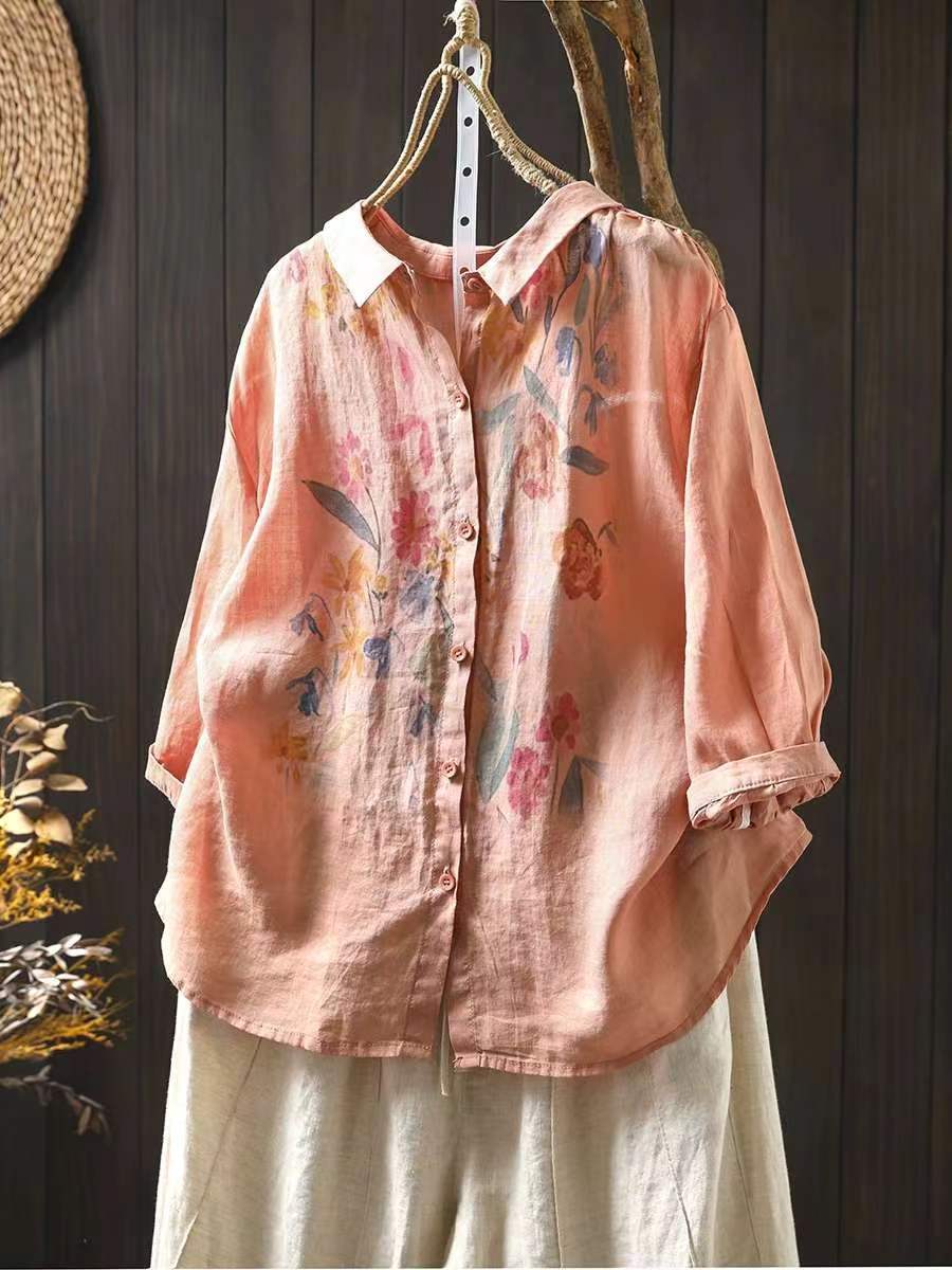 Women Artsy Summer Flower Print Ramie Blouse