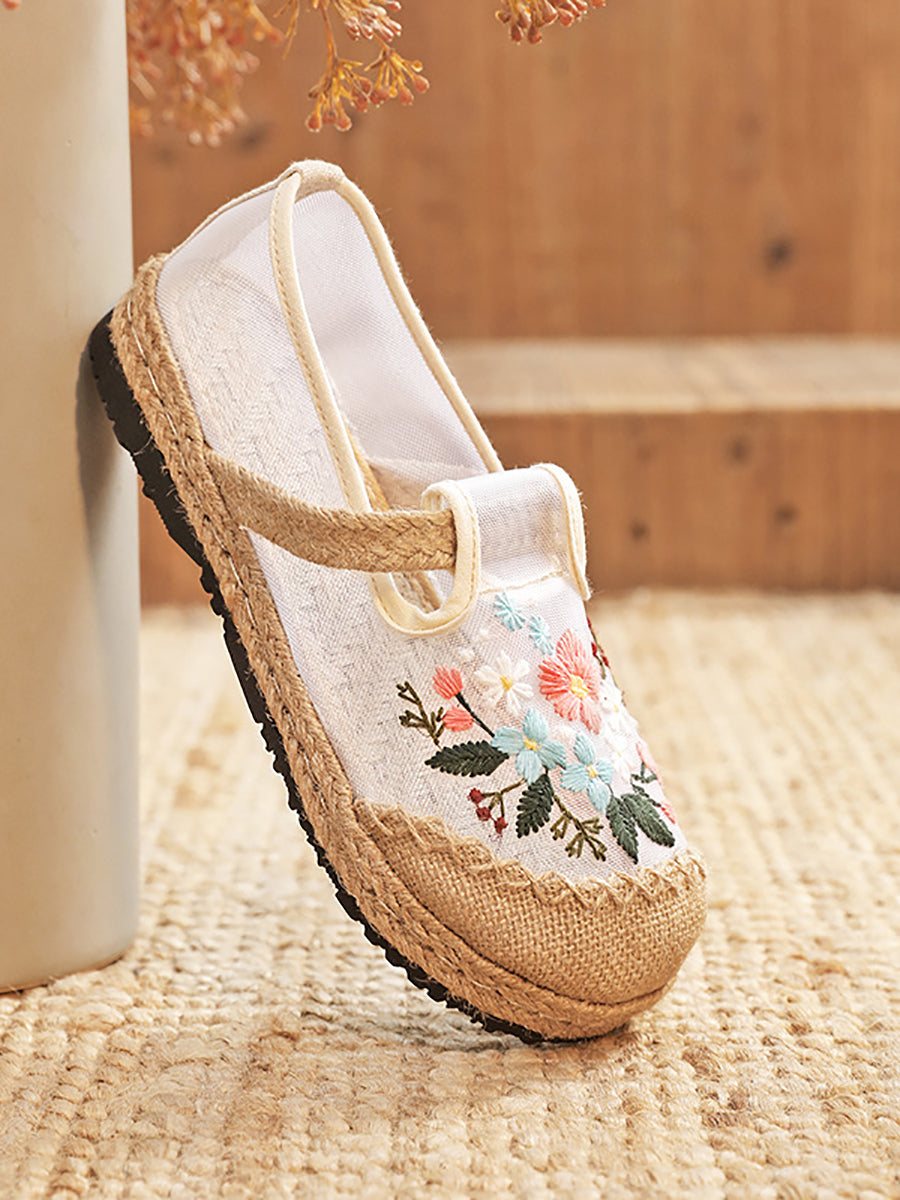 Women Summer Vintage Embroidery Linen Flat Shoes