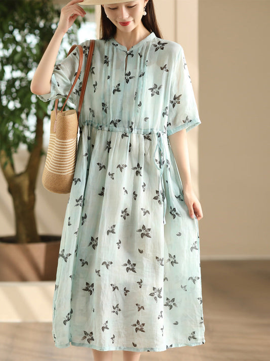 Women Summer Flower Shirred Artsy Strap Waist Dress