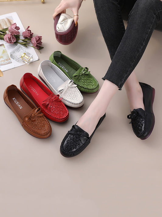 Women Summer Casual Solid Soft Leather Weave Flat Shoes