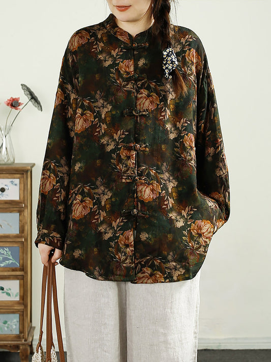 Women Autumn Flower Button-up Stand Collar Cotton Shirt