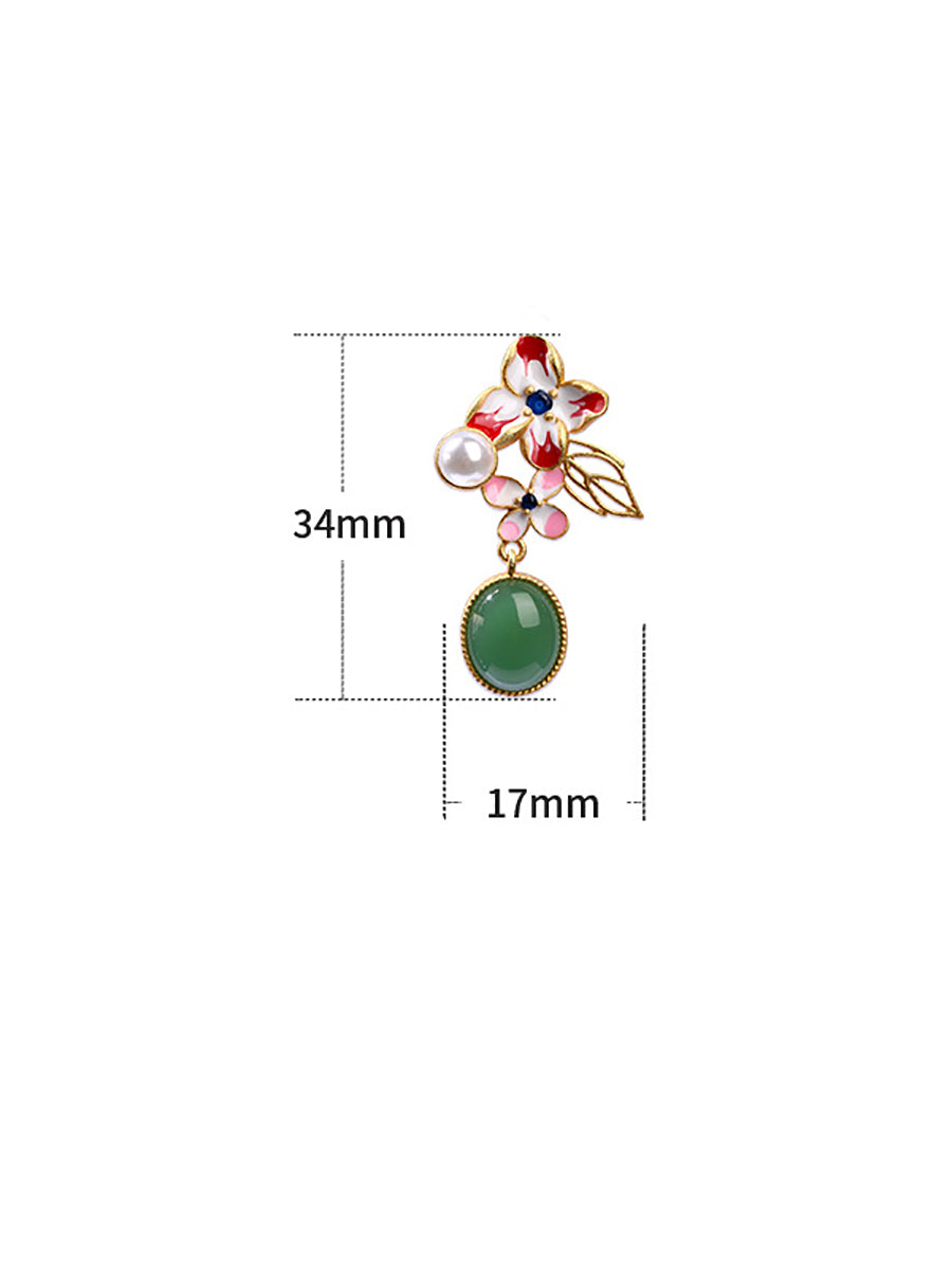 Women Flower Enamel Green Jade Glod Plate Earrings