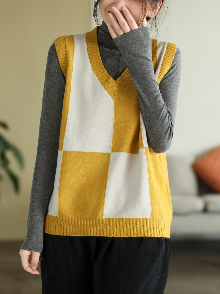 V-Neck Colorblock Plaid Sleeveless Vest Pullover Vest