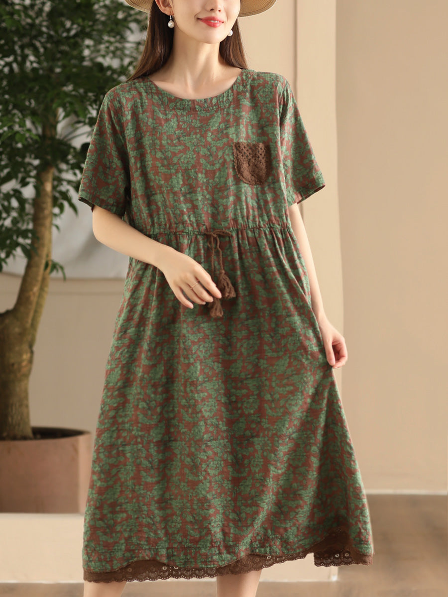 Women Artsy Floral Spliced Strap O-Neck Cotton Linen Dress