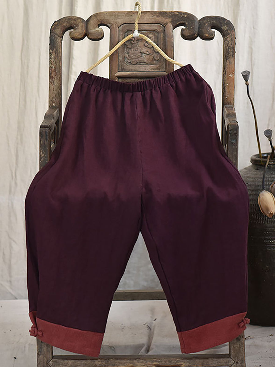 Women Autumn Vintage Colorblock Linen Wide-leg Pants