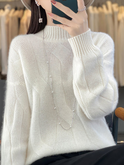 Women Autumn Cable Knit 100%Wool Turtleneck Sweater