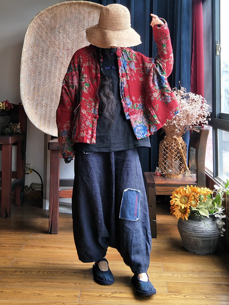 Women Ethnic Flower Button Cotton Jacket