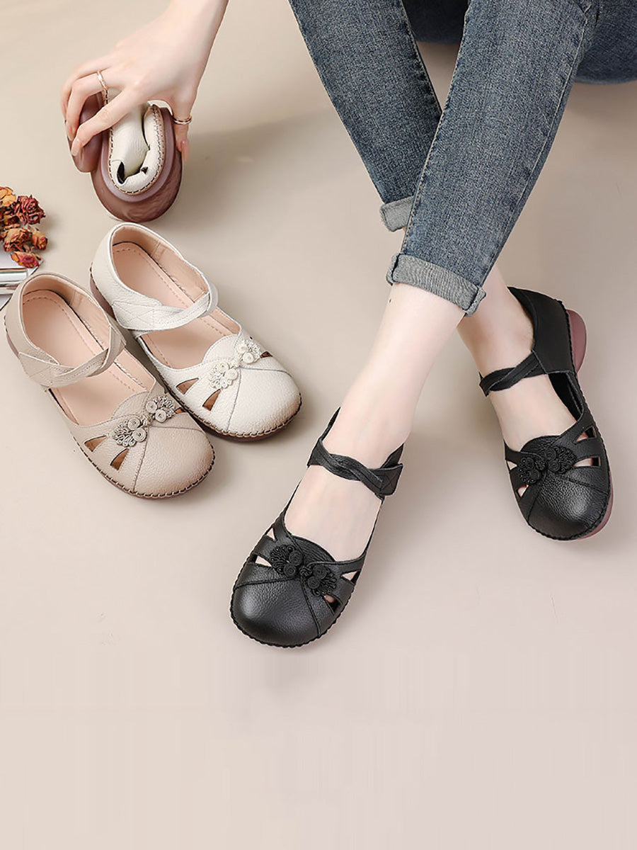 Women Summer Ethnic Solid Leather Spliced Low Heel Shoes