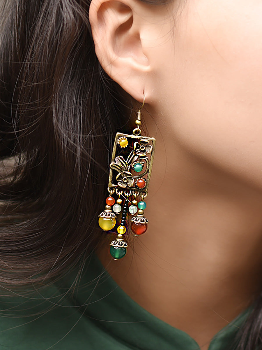 Alloy Flower Agate Tassel Retro Earrings