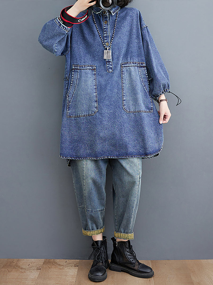 Women Casual Spring Solid Stitching Denim Long Shirt