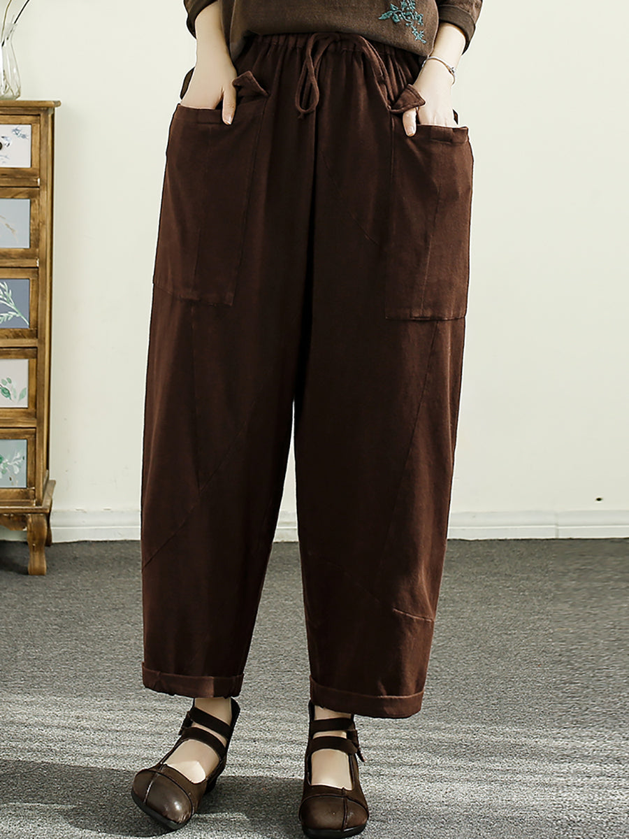 Women Summer Vintage Solid Pocket Harem Pants