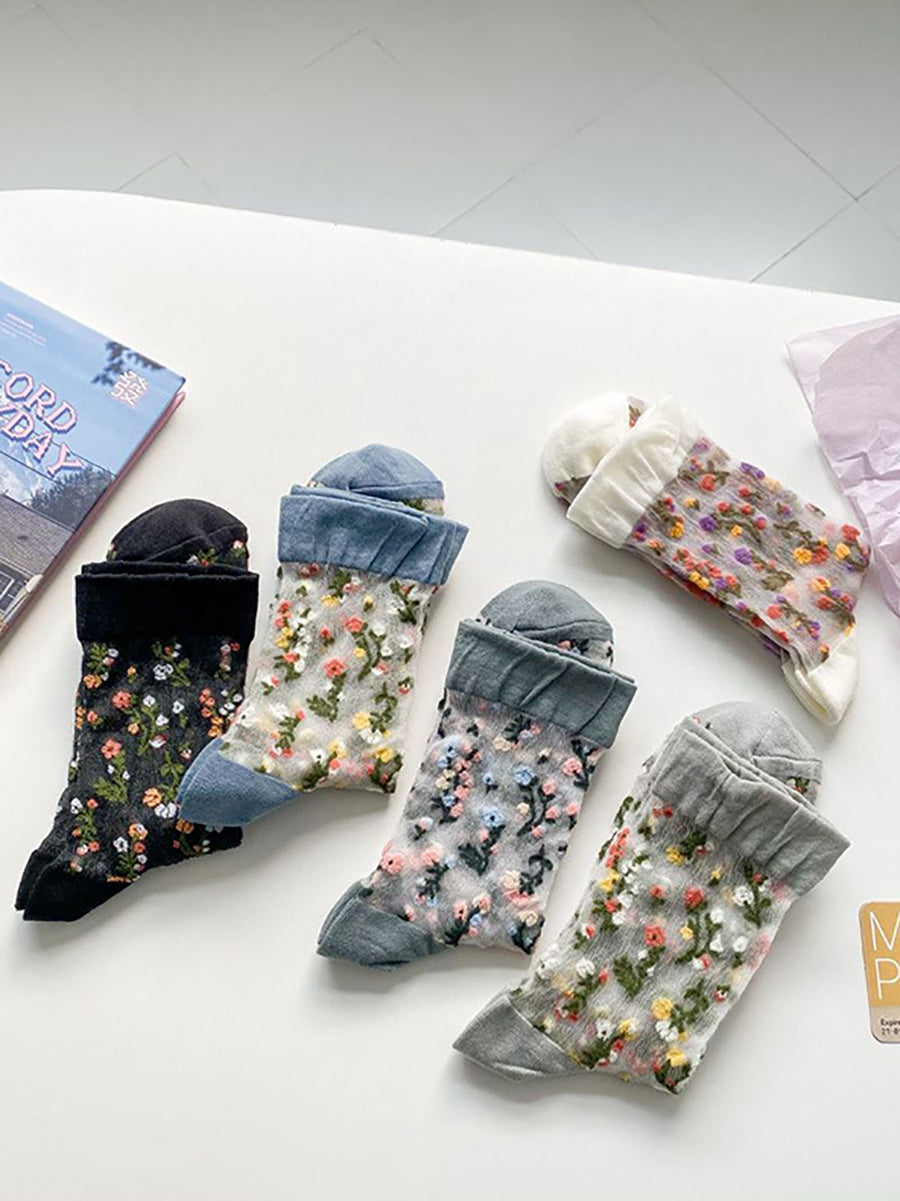 5 Pairs Women Summer Flower Jacquard Thin Socks