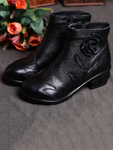 Women Retro Leather Flower Spliced Ankle Boots