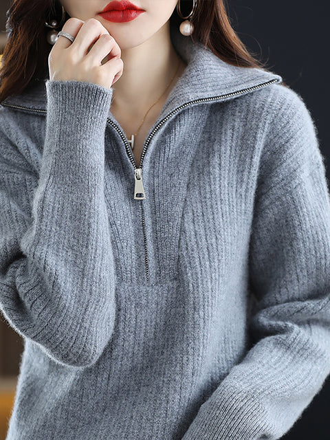 Women Autumn Zipper Knit 100%Wool Turtleneck Sweater