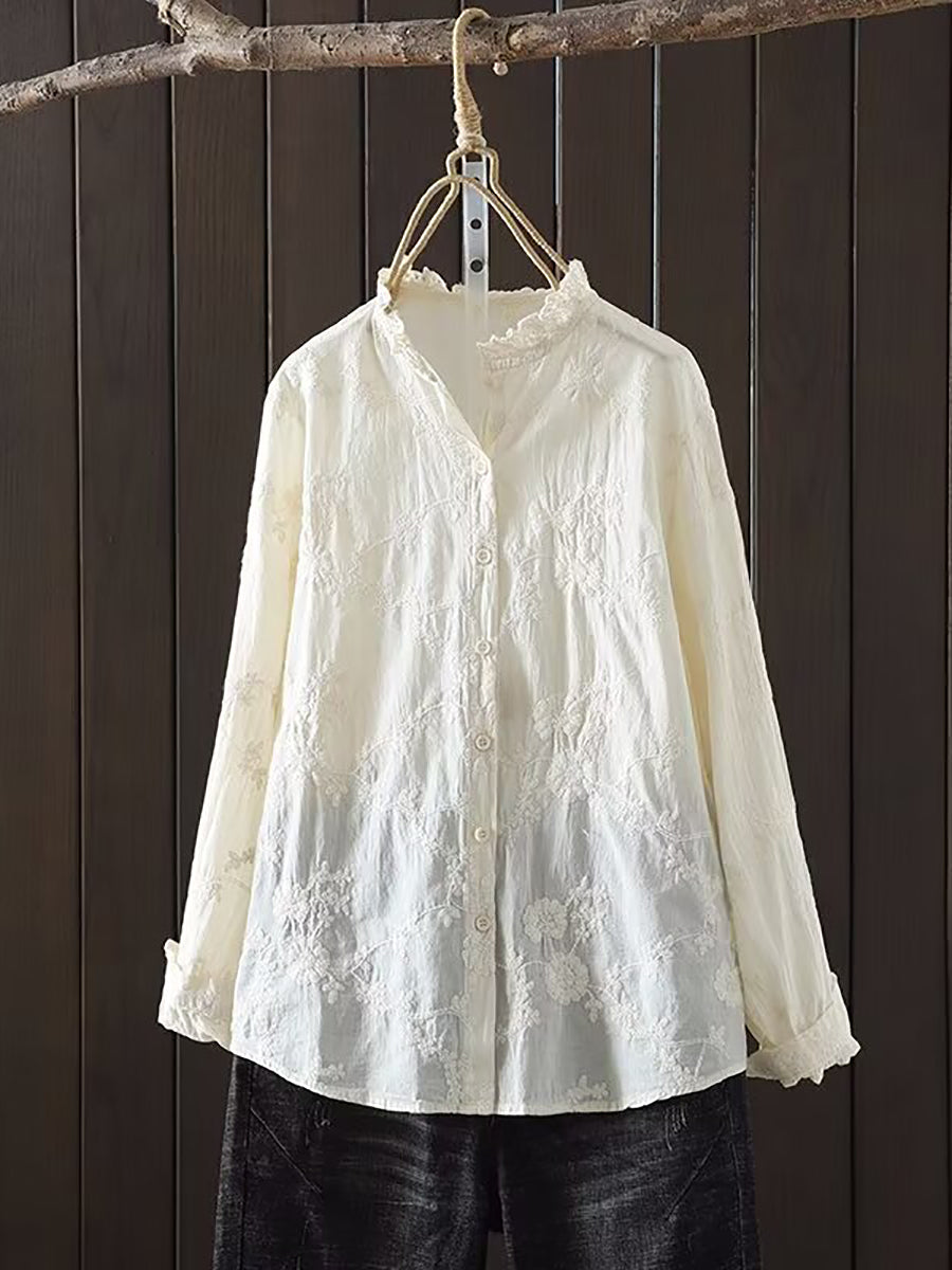 Women Spring Flower Jacquard Lacework Neck Shirt