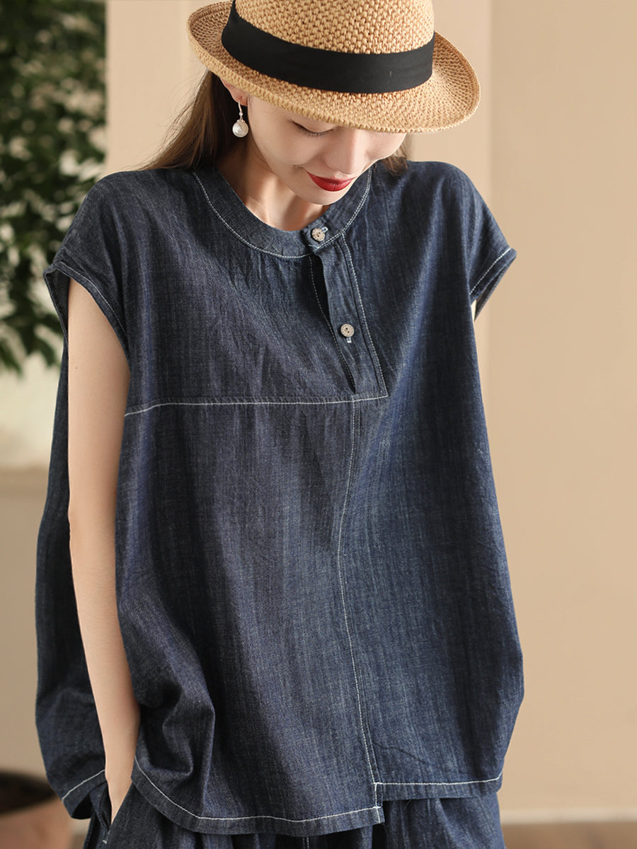 Women Summer Retro Spliced Denim O-Neck Shirt