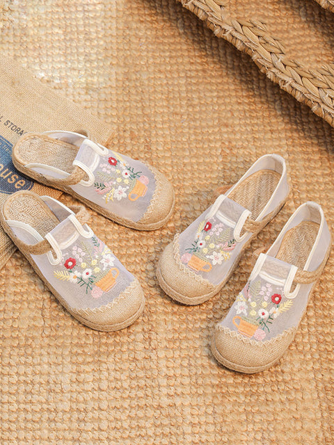 Women Summer Flower Embroidery Linen Spliced Shoes