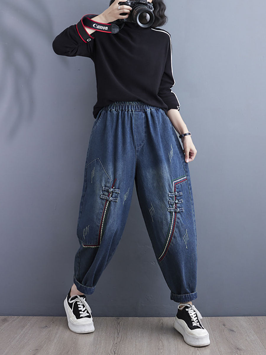 Women Retro Spring Spliced Denim Harem Pants