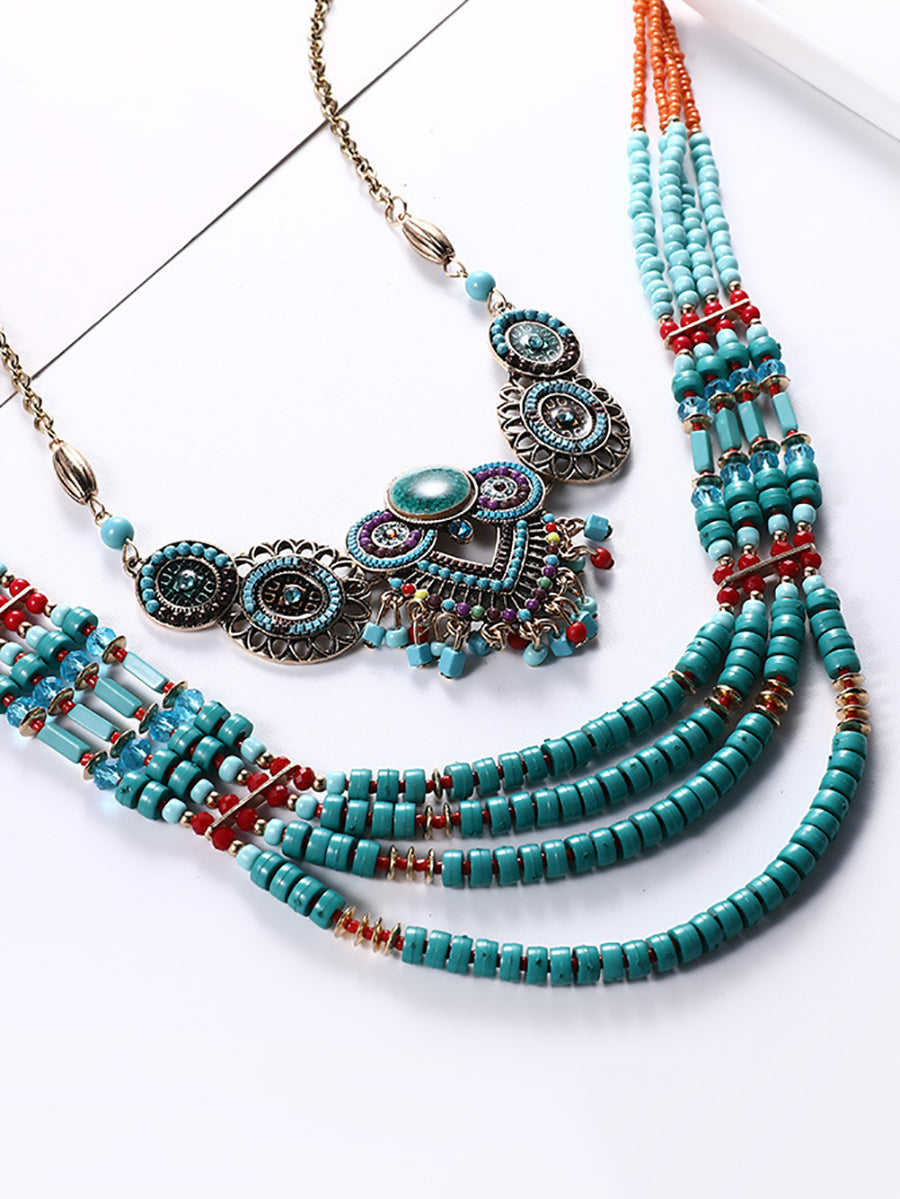 Women Ethnic Bohemian Multi-layer Bead Alloy Knitted Necklace