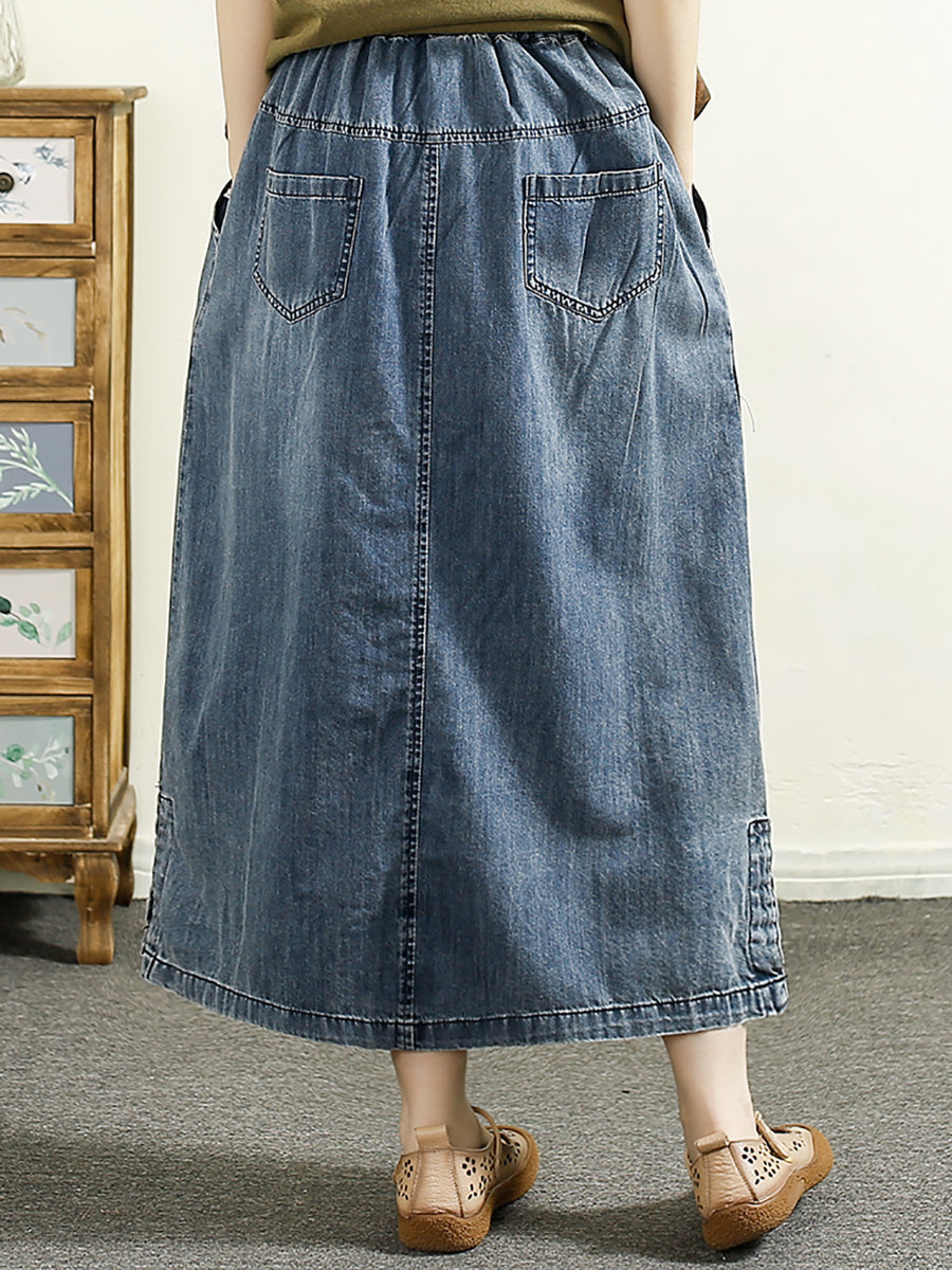 Women Summer Artsy Embroidery Denim A-Shape Skirt