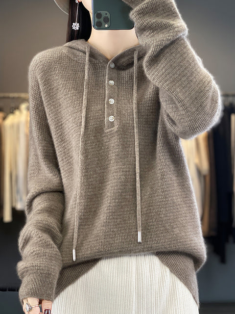 Women Autumn Soft Solid Knit 100%Wool Hooded Sweater