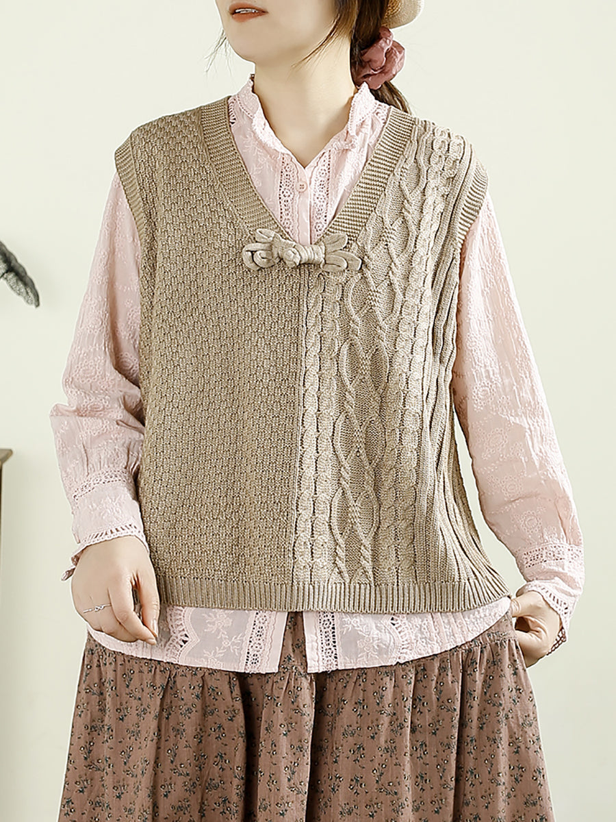 Women Autumn Solid Knitted V-Neck Cotton Vest