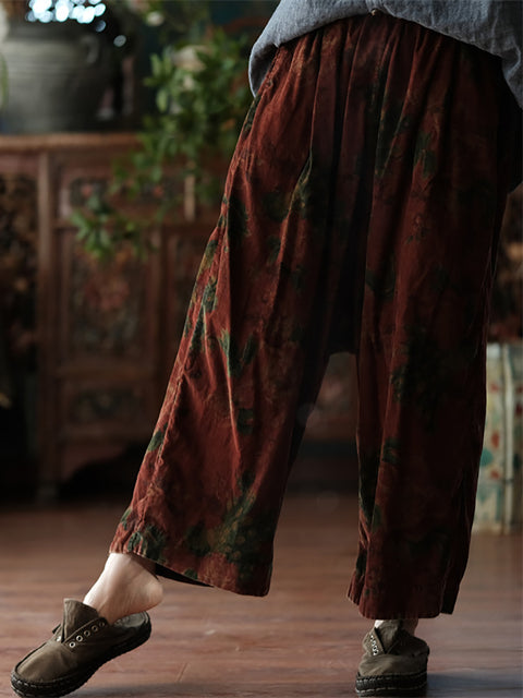 Women Retro Flower Print Spring Cotton Wide-leg Pants