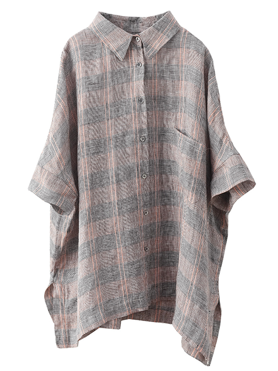 Women Retro Summer Plaid Linen Button-Up Blouse