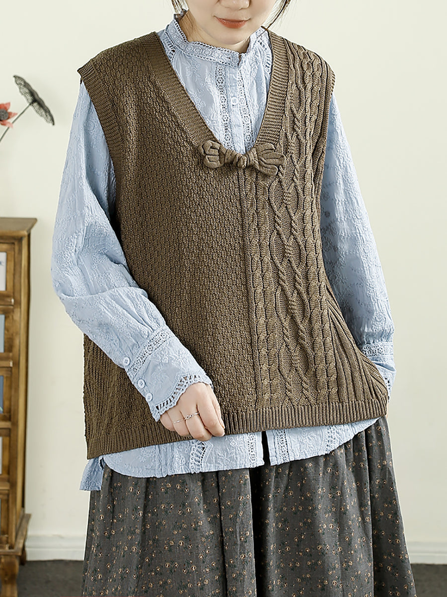 Women Autumn Solid Knitted V-Neck Cotton Vest