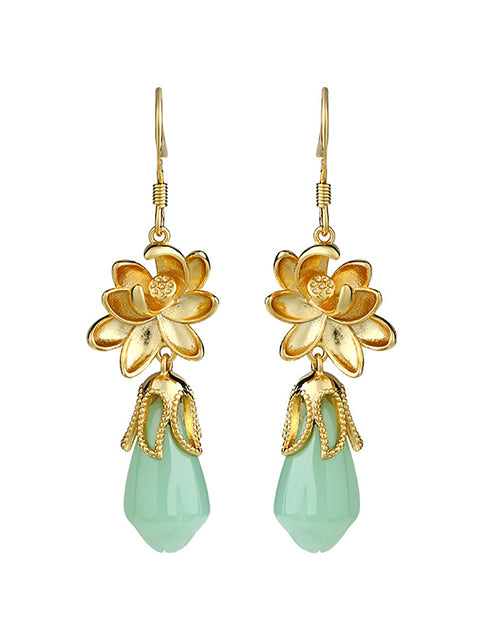 Women Ethnic Jade Glod Plating Flower Earrings