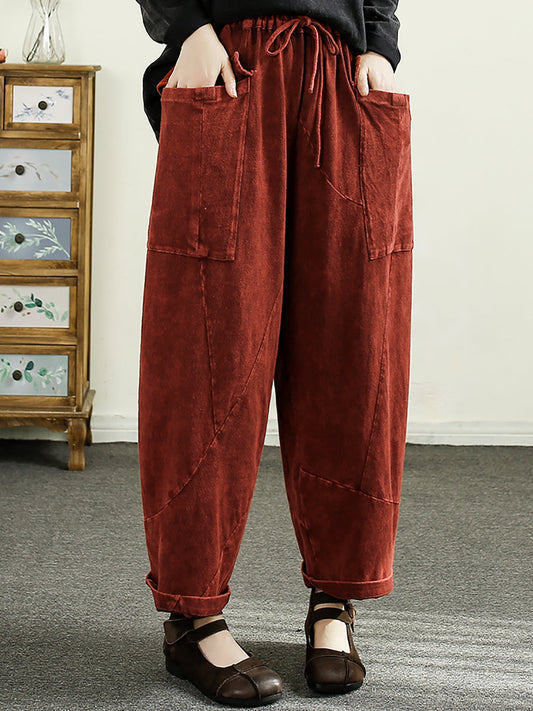 Women Summer Vintage Solid Pocket Harem Pants